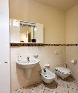 a bathroom with a sink and a toilet and a mirror at Made in Langhe Apartment in La Morra