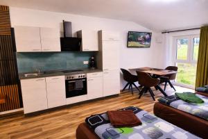 a kitchen with white cabinets and a table with chairs at Speedy's Gästehaus in Reimerath