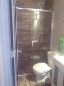 a bathroom with a toilet and a glass shower at Killa wasy in Humahuaca