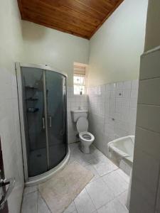 a bathroom with a shower and a toilet and a tub at Angel's place in Kabale +30 photos
