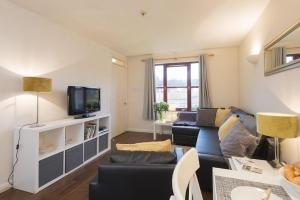a living room with a couch and a tv at Calluna Cottage in Aviemore