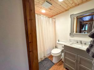 a bathroom with a toilet and a sink and a mirror at Hilltop - Bouchard Shores Resort in Minocqua +32 photos