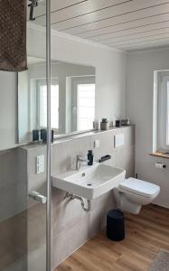 a bathroom with a sink and a toilet at De Bookholt - Premium Ferienwohnung in Vreden