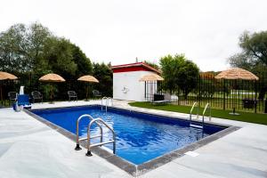 a swimming pool with umbrellas next to a building at Auberge l'Ambassadeur in Amqui