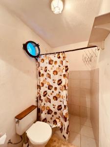 a bathroom with a toilet and a shower curtain at Janaína Picinguaba in Ubatuba +87 photos