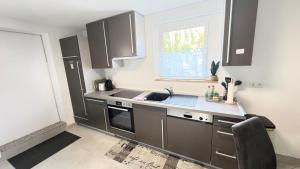 a kitchen with gray cabinets and a sink and a window at Ferienwohnung Melody in Weisweil