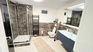a bathroom with a shower and a toilet and a sink at Ferienwohnung Melody in Weisweil +35 photos