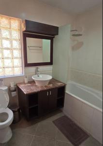 a bathroom with a sink and a toilet and a tub at Green Cocoon at Bali beach in Sanur