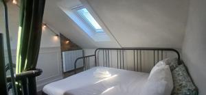 a bed in a small room with a skylight at Stylish Cottage with Loft Sleeps 4 in Dublin