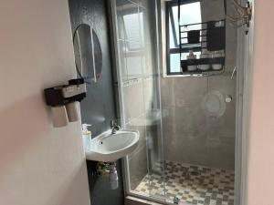 a bathroom with a sink and a shower with a mirror at Blue Moon Cozy Poolside Bachelor Flat in Bellville +4 photos