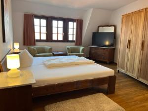 ein Hotelzimmer mit Bett und Fernseher in der Unterkunft Hotel Weingärtner in Mannheim