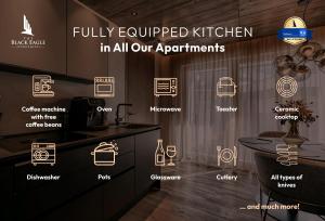 a kitchen with a sign that says fully equipped kitchen in all our apartments at The Black Eagle Luxury Appartements in Mayrhofen +50 photos