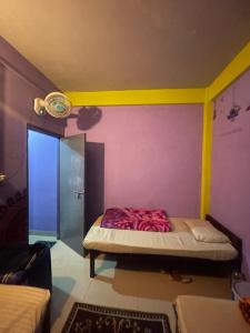 a bedroom with a bed with pink and purple walls at Hazz Backpackers Hostel in Shillong