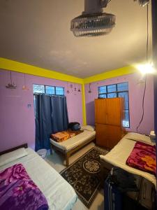 two beds in a room with purple walls at Hazz Backpackers Hostel in Shillong