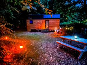 a wooden cabin with a picnic table and a bench at Kleines Ems-Idyll in Lathen