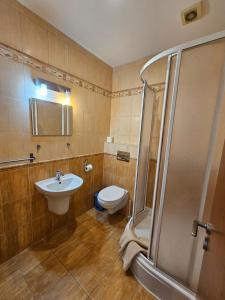 a bathroom with a toilet and a sink and a shower at Pension Zlata Noha in Bratislava +42 photos