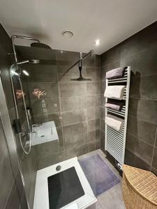 a bathroom with a shower and a sink at Appartement de Standing Plein Centre-Ville "L Atelier de Joss" in Bastogne +46 photos