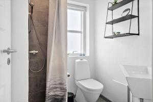 a bathroom with a shower with a toilet and a sink at VK233-Harboore-Doblervej-83 in Harboør