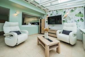 a living room with two chairs and a tv at Cocon des dunes in Camiers