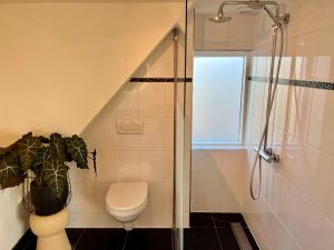 a bathroom with a toilet and a shower and a plant at Santos in Noordwijk aan Zee +13 photos