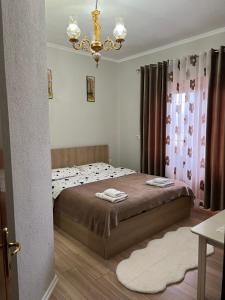 a bedroom with a bed and a chandelier at Camping & Guest House Herges in Udënisht