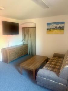 a bedroom with a bed and a table and a tv at Bendovský dvůr in Dušníky