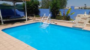 a blue swimming pool with two white poles in it at Ca Marga in Santa Pola