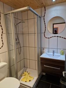 a bathroom with a shower and a sink at Ferien- und Reiterhof Ochsenkopf in Missen-Wilhams +77 photos