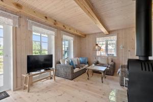 a living room with a flat screen tv and a couch at 0145-Romo-Hattesvej-36 in Høm