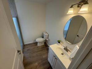 a bathroom with a sink and a mirror and a toilet at The Global Getaway in St. Charles