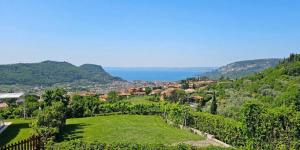 a view of a field of grass and the ocean at Appartamenti Vista Lago - Costermano sul Garda - Be Happy! in Costermano sul garda