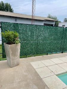 a green fence with a potted plant in front of it at Complejo Juan Pablo in Colón