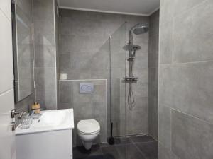 a bathroom with a shower and a toilet and a sink at Roomies Luxembourg Centre Gare in Luxembourg
