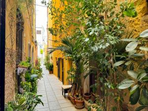 an alley with potted plants and a yellow building at Kalma - at the picturesque Via Stretta in Cagliari