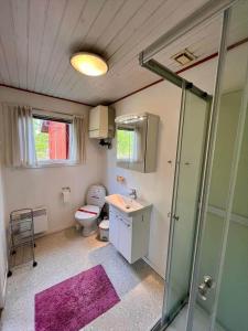 a bathroom with a toilet and a sink and a shower at 0210-Romo-Vestergardsvej-10 in Høm +12 photos