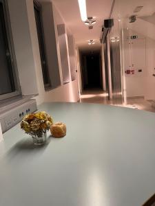 a kitchen counter with a vase of flowers on it at COliving RD6 in Ljubljana +28 photos