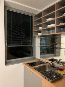 a kitchen with a sink and a window at COliving RD6 in Ljubljana