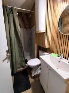a bathroom with a sink and a toilet and a shower at Studio Rénové - Le Verdale in Lamalou-les-Bains