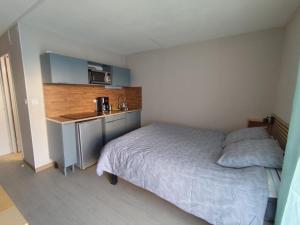 a bedroom with a bed and a desk and a microwave at Studio Rénové - Le Verdale in Lamalou-les-Bains