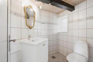 a bathroom with a toilet and a sink and a mirror at 2001-Romo-Juvrevej-80 in Høm +29 photos