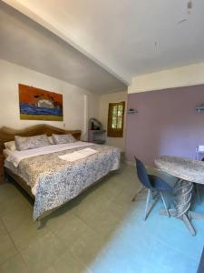 a bedroom with a bed and a table with a chair at Jardín del Mango Nu in Zipolite