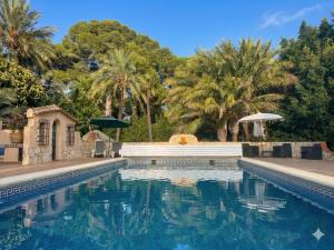 a swimming pool with palm trees in the background at Open Sky Villa in Denia