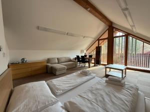 a bedroom with two beds and a living room at Apartmány Humno in Stará Turá +39 photos