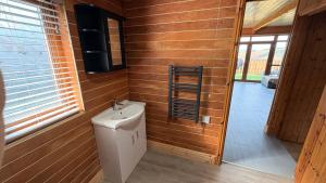 a bathroom with a toilet and a tv on the wall at Bryn Bettws Log Cabins Ltd in Port Talbot +110 photos
