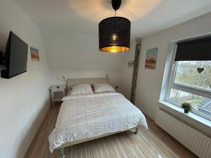 a bedroom with a bed and a pendant light at RosaVilla in Wilhelmshaven