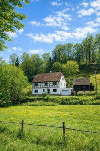 an old white house in a field with a fence at Ferienhaus am Mühlgrundbach in Schöna