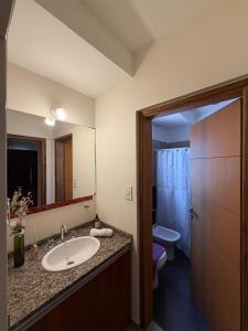 a bathroom with a sink and a toilet and a mirror at Complejo Pampa 1 in Santa Rosa +20 photos