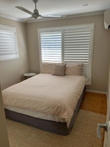 a bedroom with a large bed with a ceiling fan at Lamington Cottage in The Range
