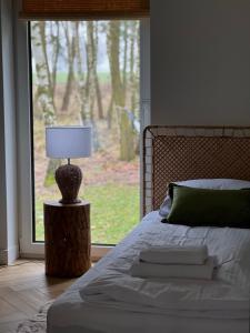 a bedroom with a bed with a lamp and a window at Domek Las&Luz Moszna BALIA in Moszna
