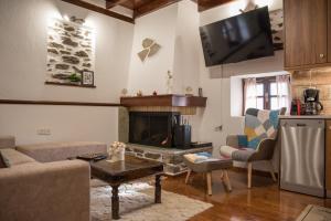 a living room with a couch and a fireplace at Hope Nest Pelion in Zagora